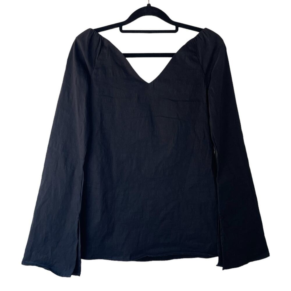 Beaufille Black Off Shoulder Chic Feminine Linen Blend V Neck Bia Top - 2 $325 - Picture 3 of 10